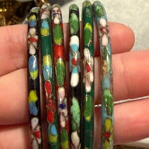 Vintage Set of 6 Enamel Bangle Bracelets Multicolor Floral Stackable Thin
